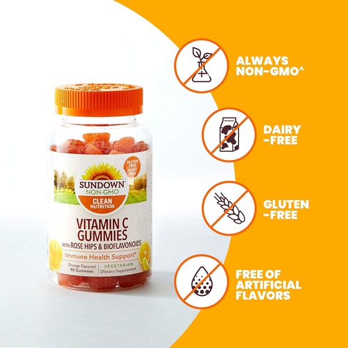  Sundown Vitamin C Gummies with Rosehips, Citrus Bioflavonoids, Non-GMO, Dairy-Free, Gluten-Free, Vegetarian, 90 Count