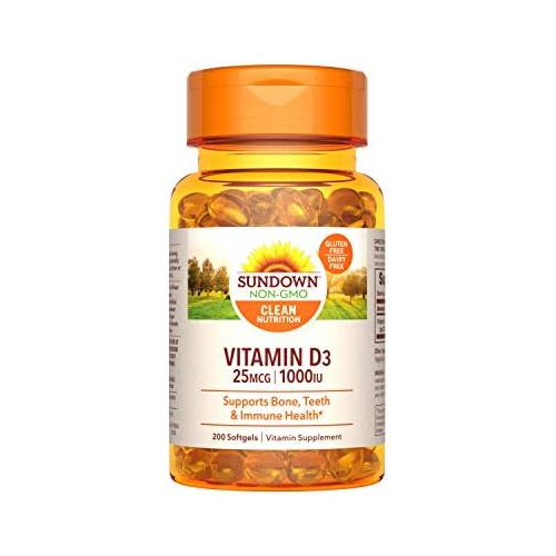  Sundown Vitamin D3 for Immune Support, Non-GMO, Dairy & Gluten-Free, No Artificial Flavors, 25mcg 1000IU Softgels, Unflavored, 200 Count
