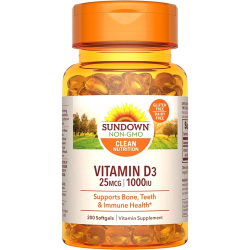  Sundown Vitamin D3 for Immune Support, Non-GMO, Dairy & Gluten-Free, No Artificial Flavors, 25mcg 1000IU Softgels, Unflavored, 200 Count