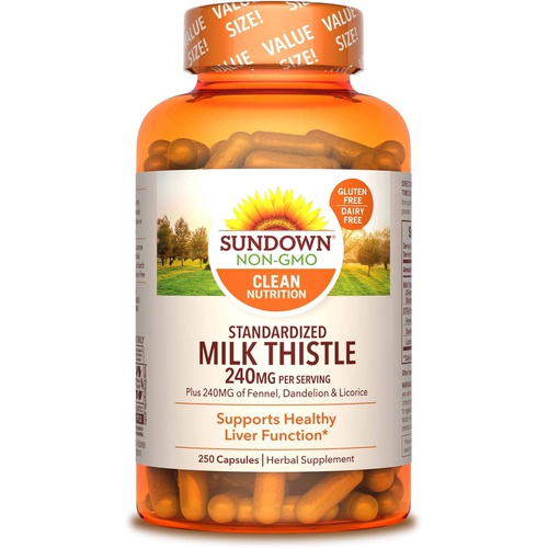  Milk Thistle by Sundown, Herbal Supplement, Supports Liver Health, Non-GMO, Free of Gluten, Dairy, Artificial Flavors, 80% Silymarin, 250 Capsules