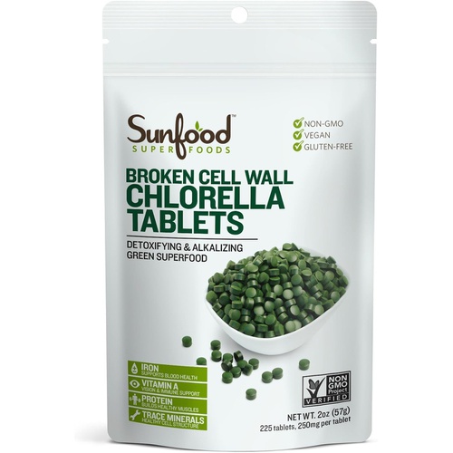  Sunfood Superfoods Sunfood Chlorella Tablets Chlorophyll Rich Broken Cell Wall Blue Green Algae Organic & Non GMO Natural & Vegan 100% Pure 2 oz 225 Tablets 250 mg per Tablet