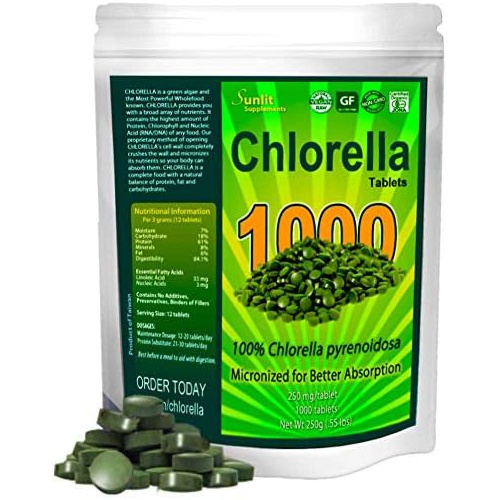  Sunlit Best Green Organics Chlorella Tablets Mega-Pack 1000 Tablets Cracked Cell, Raw, Non-GMO. 100% Pure Chlorella Pyrensoidosa. Green Superfood. High Protein, Chlorophyll & Nucleic acids. No preservatives
