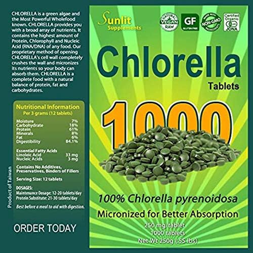  Sunlit Best Green Organics Chlorella Tablets Mega-Pack 1000 Tablets Cracked Cell, Raw, Non-GMO. 100% Pure Chlorella Pyrensoidosa. Green Superfood. High Protein, Chlorophyll & Nucleic acids. No preservatives