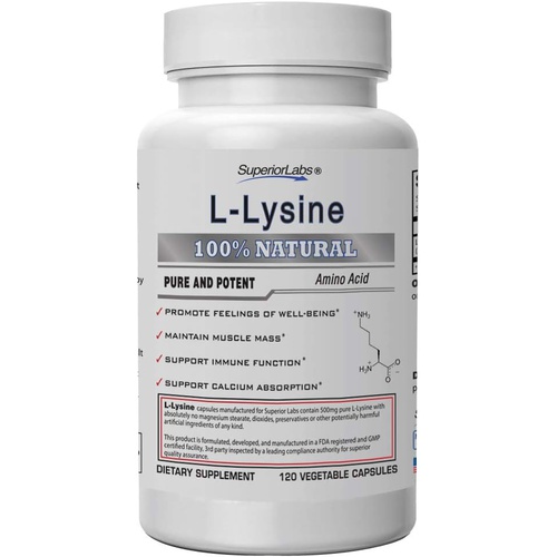  Superior Labs  Best L-Lysine NonGMO - Dietary Supplement 500 mg Pure Active L-Lysine  120 Vegetable Capsules  Supports Calcium Absorption  Immune System & Respiratory Health S
