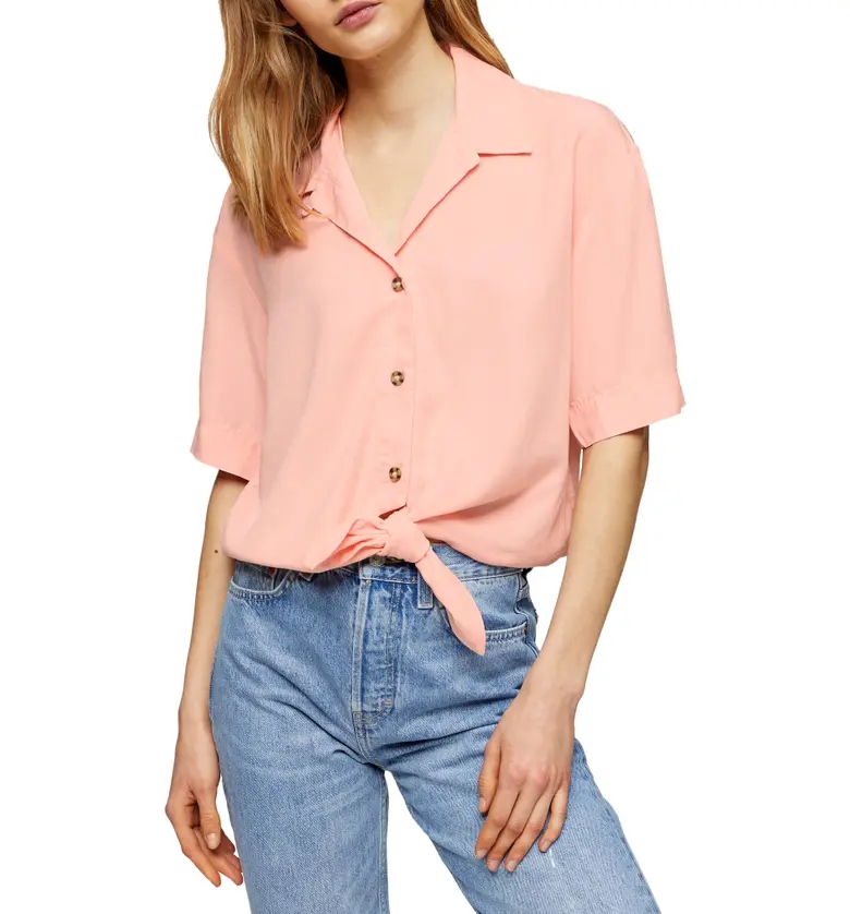 Topshop Demi Casual Knot Front Button-Up Shirt_LIGHT PINK