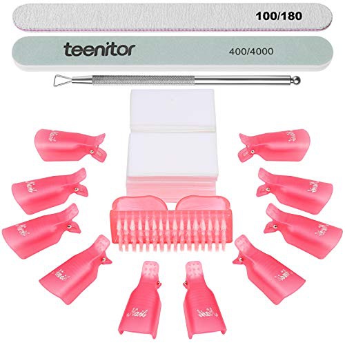  Teenitor Nail Gel Remover Tools Kit with Pink Polish Remover Clips, Cuticle Peeler Scraper, Gel Nail Brush, 115 Pack Nail Wipe Cotton Pads, Nail File Grits 120/180 Buffer Block Gri