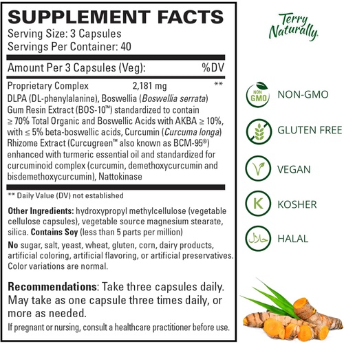  Terry Naturally Curamin - 120 Vegan Capsules - Non-Addictive Pain Relief Supplement with Curcumin from Turmeric, Boswellia & DLPA - Non-GMO, Gluten-Free - 40 Servings