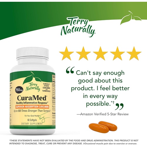  Terry Naturally CuraMed 750 mg - 60 Softgels - Superior Absorption BCM-95 Curcumin Supplement , Promotes Healthy Inflammation Response - Non-GMO , Gluten-Free , Halal - 60 Servings