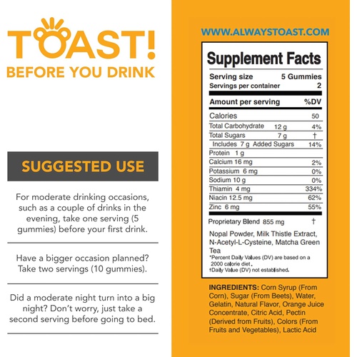 Toast! Supplements Toast! Before You Drink - Gummy Bears for a Great Night and Better Tomorrow - Liver Support, Detox, Cleanse - Milk Thistle, Prickly Pear, Vitamin B, 12 Servings