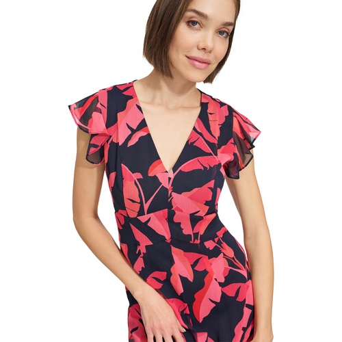 타미힐피거 Womens Printed Flutter-Sleeve Ruffled High-Low Midi Dress