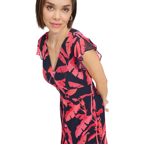 타미힐피거 Womens Printed Flutter-Sleeve Ruffled High-Low Midi Dress