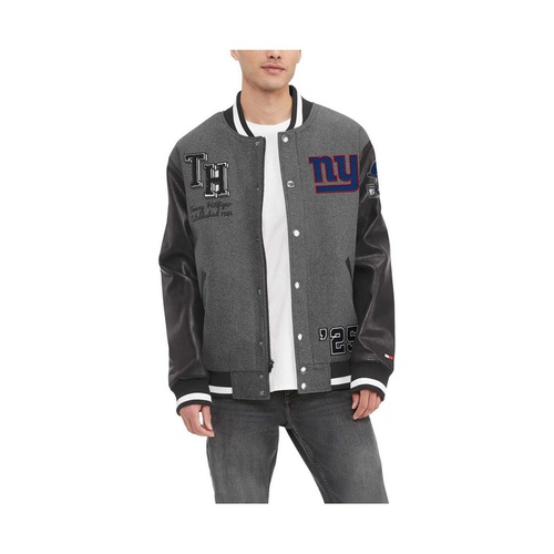 타미힐피거 Mens Heather Gray Black New York Giants Gunner Full-Zip Varsity Jacket