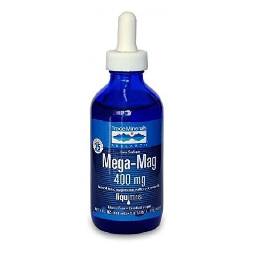  Trace Minerals Research Trace Minerals Low Sodium Mega-Mag 400 mg Liquid Magnesium Supports Blood Pressure Hypertension, Heart Health, Digestion, Muscle Cramps, Spasms, Better Sleep 4 fl oz (3 pack), 90 S