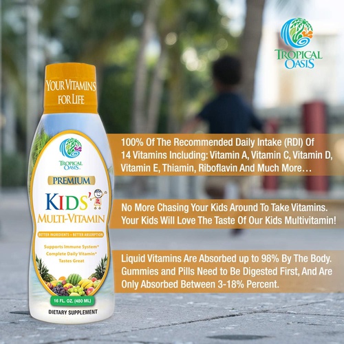  Tropical Oasis Premium Liquid Multivitamin For Kids Sugar Free Kids Vitamins 100% DV of 14 Vitamins for Kids Multivitamin for Children Ages 4+ Great Tasting, Non-GMO, Max 98% Absorption Rate- 16