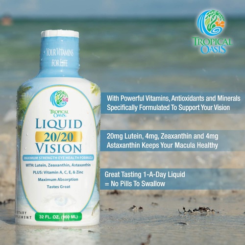  Tropical Oasis Liquid 20/20 Vision - Eye Vitamin Formula w/20mg Lutein, 4mg Zeaxanthin, 4mg Astaxanthin for Vision Support Max Absorption- Great Taste & No Pills to Swallow 32 Serv, 32oz