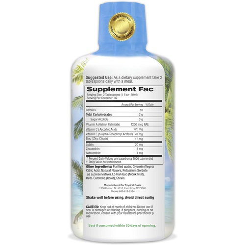  Tropical Oasis Liquid 20/20 Vision - Eye Vitamin Formula w/20mg Lutein, 4mg Zeaxanthin, 4mg Astaxanthin for Vision Support Max Absorption- Great Taste & No Pills to Swallow 32 Serv, 32oz