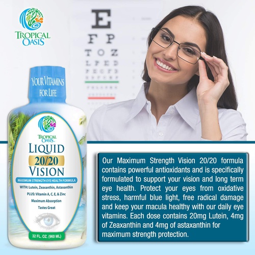  Tropical Oasis Liquid 20/20 Vision - Eye Vitamin Formula w/20mg Lutein, 4mg Zeaxanthin, 4mg Astaxanthin for Vision Support Max Absorption- Great Taste & No Pills to Swallow 32 Serv, 32oz