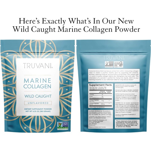  TRUVANI - Wild Caught Hydrolyzed Marine Collagen Protein Powder Collagen Protein Supplement with Type 1,2 & 3 Anti-Skin Aging Non-GMO Gluten Free Fish Collagen 6.35 OZ