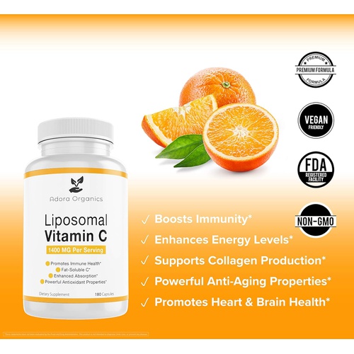  Unico Organics Adora Organics Liposomal Vitamin C, Healthy Immune System, Supports Heart Health, Enhanced Energy Level, Antioxidant Properties, 1400mg Per Servings, 180 Capsules