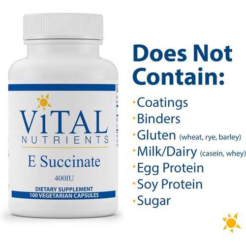  Vital Nutrients - Vitamin E Succinate - Naturally Derived Alpha Tocopheryl Succinate - 100 Vegetarian Capsules per Bottle - 536 mg