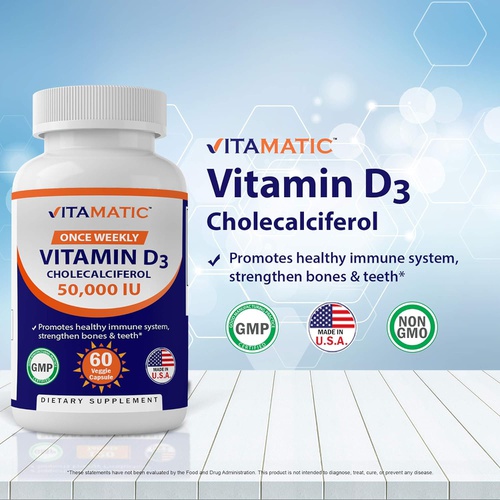 Vitamatic Vitamin D3 50,000 IU (as Cholecalciferol), Once Weekly Dose, 1250 mcg, 60 Veggie Capsules 1 Year Supply, Progressive Formula Helping Vitamin D Deficiencies (60 Count (Pac