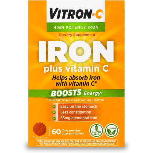  Vitron-C Iron Supplement, Once Daily, High Potency Iron Plus Vitamin C, Dye Free Tablets, 60 Count