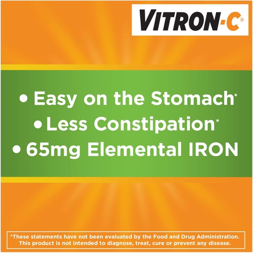  Vitron-C Iron Supplement, Once Daily, High Potency Iron Plus Vitamin C, Dye Free Tablets, 60 Count