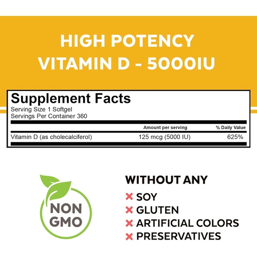  Viva Naturals Vitamin D3 5000 IU Softgels (125 mcg), 360 Softgels - High Potency Vitamin D Supplements, Small & Easy to Swallow Softgel for Healthy Immune Function, Bones & Muscles, Made with Or