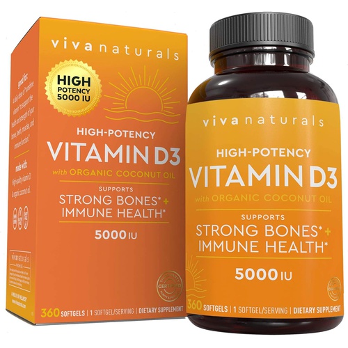  Viva Naturals Vitamin D3 5000 IU Softgels (125 mcg), 360 Softgels - High Potency Vitamin D Supplements, Small & Easy to Swallow Softgel for Healthy Immune Function, Bones & Muscles, Made with Or