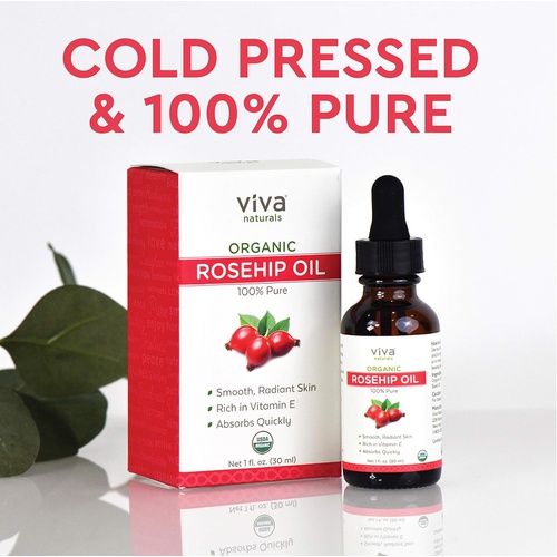  Viva Naturals Organic Rosehip Seed Oil for Face - 100% Pure Cold Pressed Facial Oil, Reduces the Appearance of Scars, Natural Non-Greasy Moisturizing Serum for Dry and Sensitive Skin, 1 oz