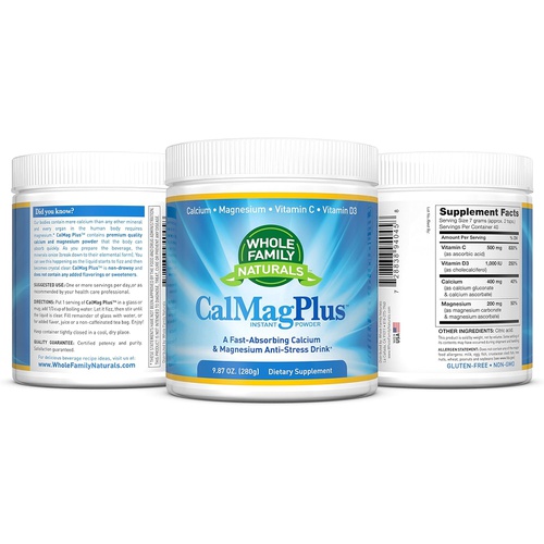  Whole Family Naturals Calcium Magnesium Powder Supplement - CalMag Plus with Vitamin C & D3 - Gluten Free, Non GMO - Natural Calm Cal Mag Drink - Cal-Mag for Muscles