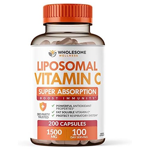  Wholesome Wellness Liposomal Vitamin C Capsules (200 Pills 1500mg Buffered) High Absorption VIT C, Immune System & Collagen Booster, High Dose Fat Soluble Immunity Support Ascorbic Acid Supplement, N