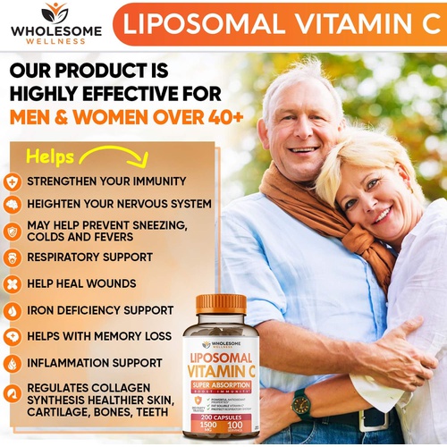  Wholesome Wellness Liposomal Vitamin C Capsules (200 Pills 1500mg Buffered) High Absorption VIT C, Immune System & Collagen Booster, High Dose Fat Soluble Immunity Support Ascorbic Acid Supplement, N