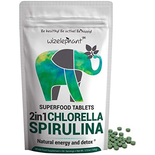  Wizelephant Chlorella Spirulina Tablets 2-in-1 Superfood Algae Supplement for Natural Immune Support, Detox and Energy Boost. Broken Cell Wall. Rich in Chlorophyll. 50 Servings