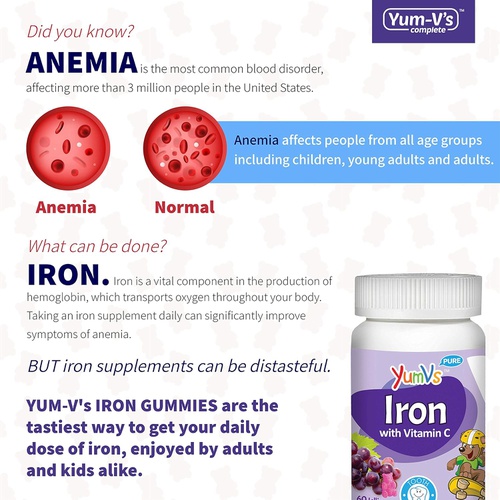  YumVs Iron Jellies/Gummy Bears for Kids w/Vitamin C, Grape Flavor Chewables; Daily Dietary Supplement for Children, Vegan, Kosher/Halal, Gluten Free (60 Ct)