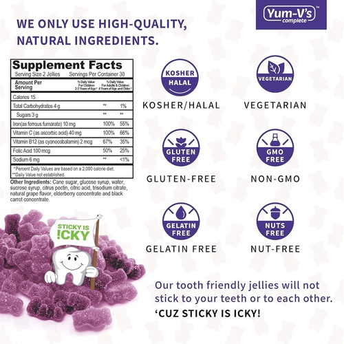  YumVs Iron Jellies/Gummy Bears for Kids w/Vitamin C, Grape Flavor Chewables; Daily Dietary Supplement for Children, Vegan, Kosher/Halal, Gluten Free (60 Ct)