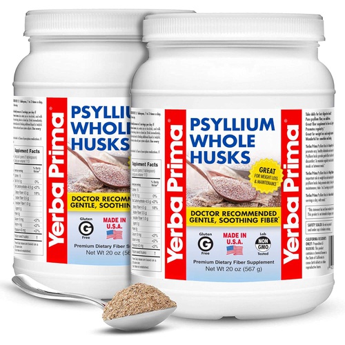  Yerba Prima Psyllium Fiber Supplement, Vegan and Gluten Free Whole Psyllium Husk, 2 Packs - 20 Oz Each (114 Servings Each)
