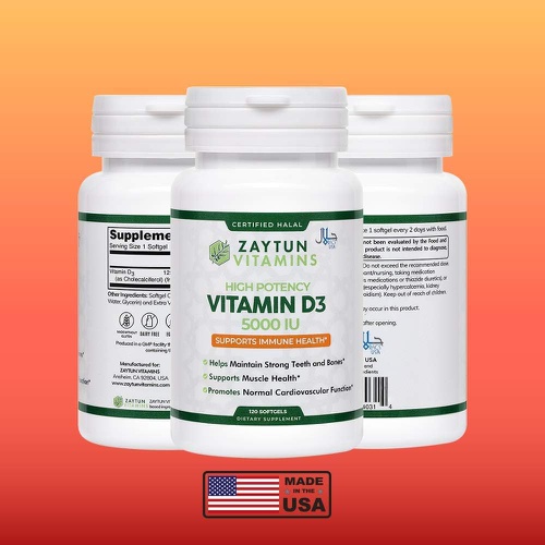  Zaytun Vitamins Halal Vitamin D3 5000 IU, 180 Mini Softgels, Supports Bones, Healthy Muscle Function & Immune, Premium Vitamin D from Safflower Oil, Non-GMO, Gluten-Free, Made in U