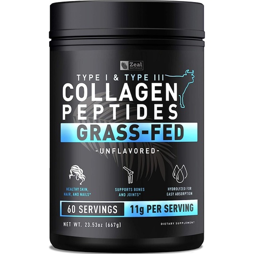  Zeal Naturals Pure Collagen Peptides Powder (11g 60 Servings) Grass Fed Pasture-Raised Bovine Collagen Powder Hydrolyzed for Maximum Absorption ; Collagen Supplement for Joint Support, Hair & Sk